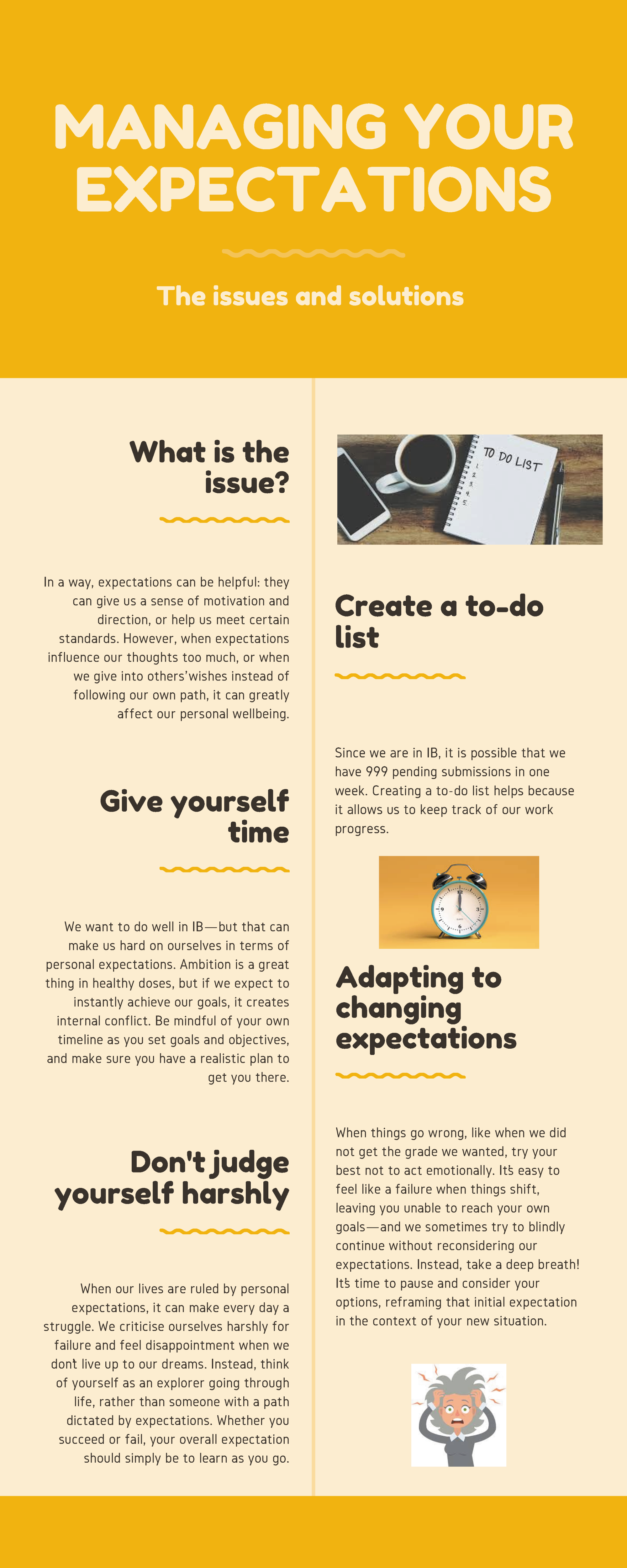 Yellow and cream infographic titled "Managing Your Expectations" with tips on issues and solutions including to-do lists and self-judgment.
